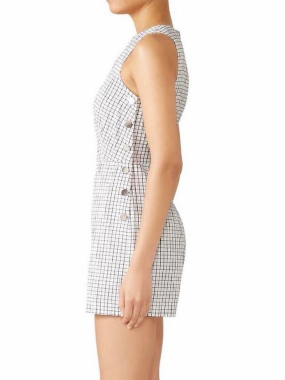 Club Monaco White Cahdell Check Sleeveless V-neck Side Button Romper/Jumpsuit 2 - Picture 5 of 7